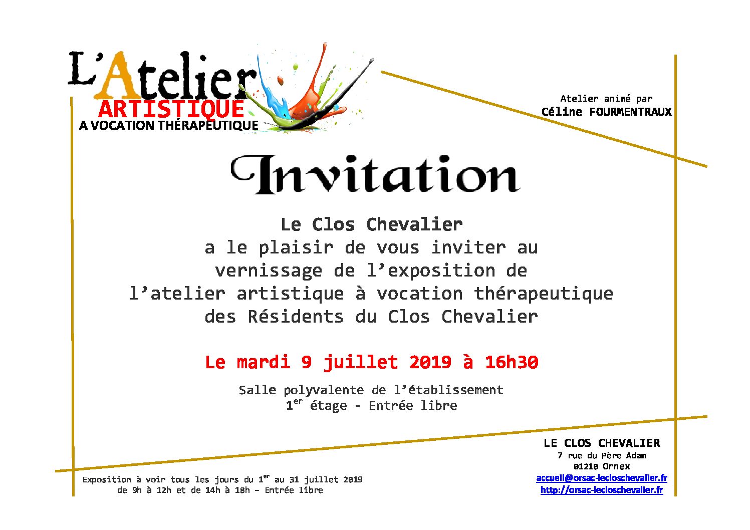 Vernissage de l’exposition de l’Atelier Artistique – Mardi 9 juillet 2019 à 16h30 au Clos Chevalier